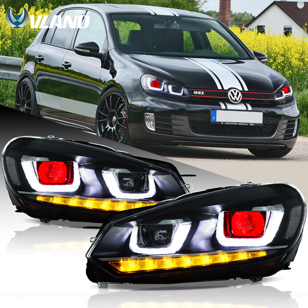 VLAND LED Headlights For 2010-2014 VW Golf 6 Demon Eyes DRL Sequential Turn Lamp