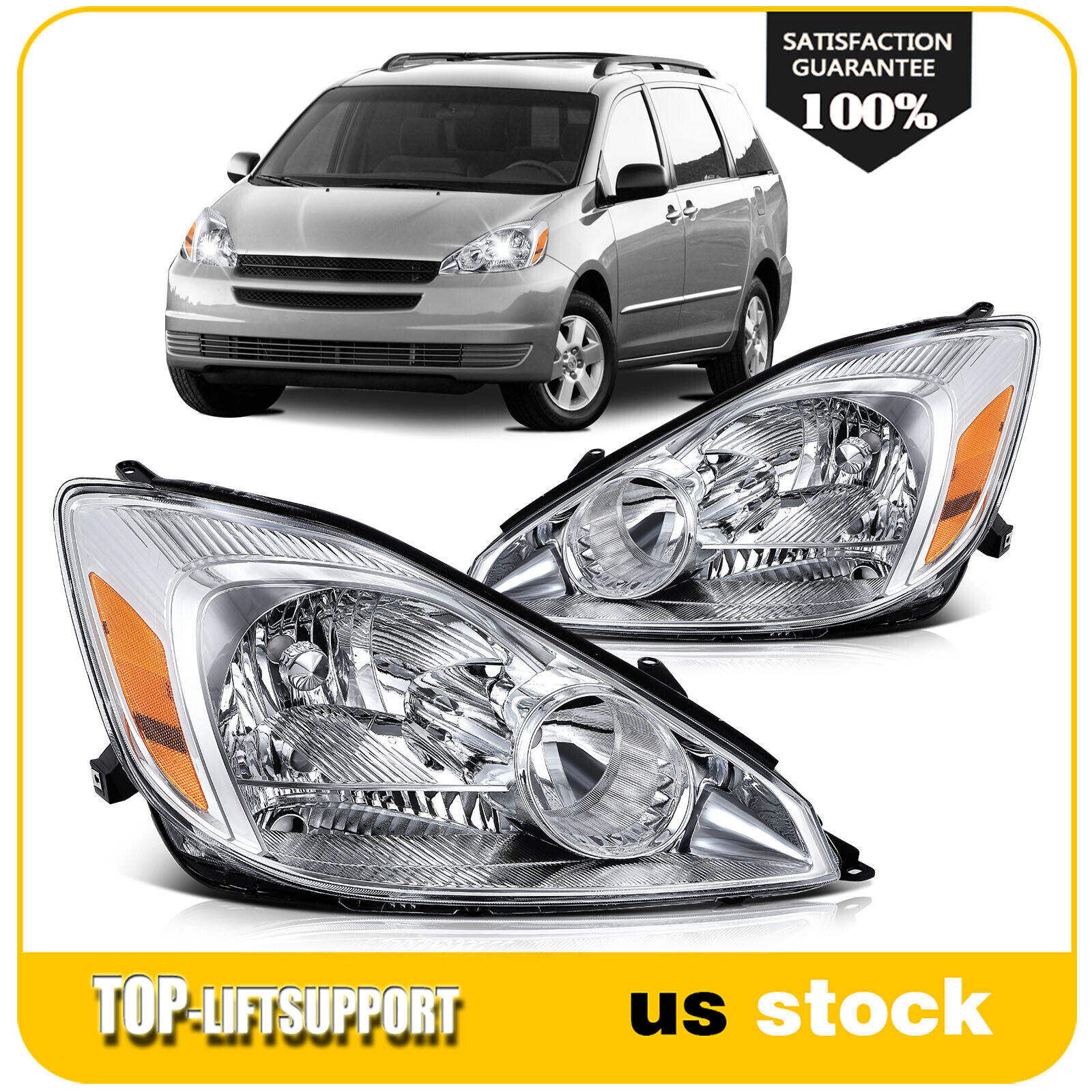Fits 2004-2005 Toyota Sienna CE/LE/XLE Chrome Headlights Assembly Left+Right