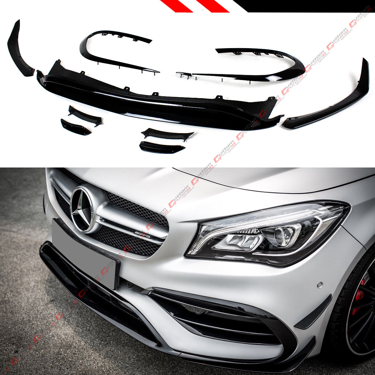 FOR 2017-19 BENZ CLA43 CLA250 AMG W117 GLOSS BLK 9PC FRONT BUMPER CANARD LIP KIT