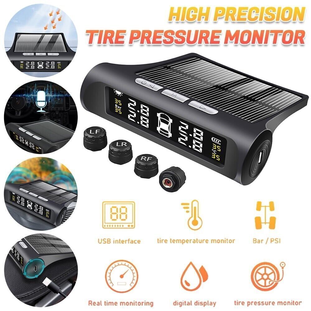 Wireless Solar TPMS LCD Car Tire Pressure Monitoring System + 4 External Sensors