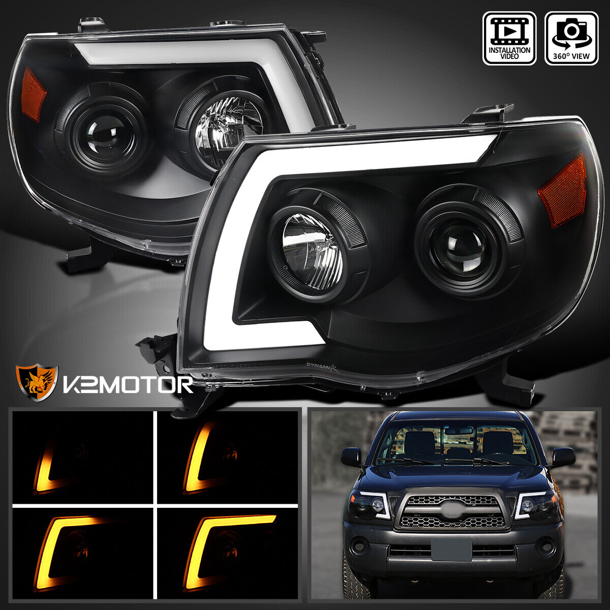 Black Fits 2005-2011 Toyota Tacoma Sequential LED Strip Projector Headlights