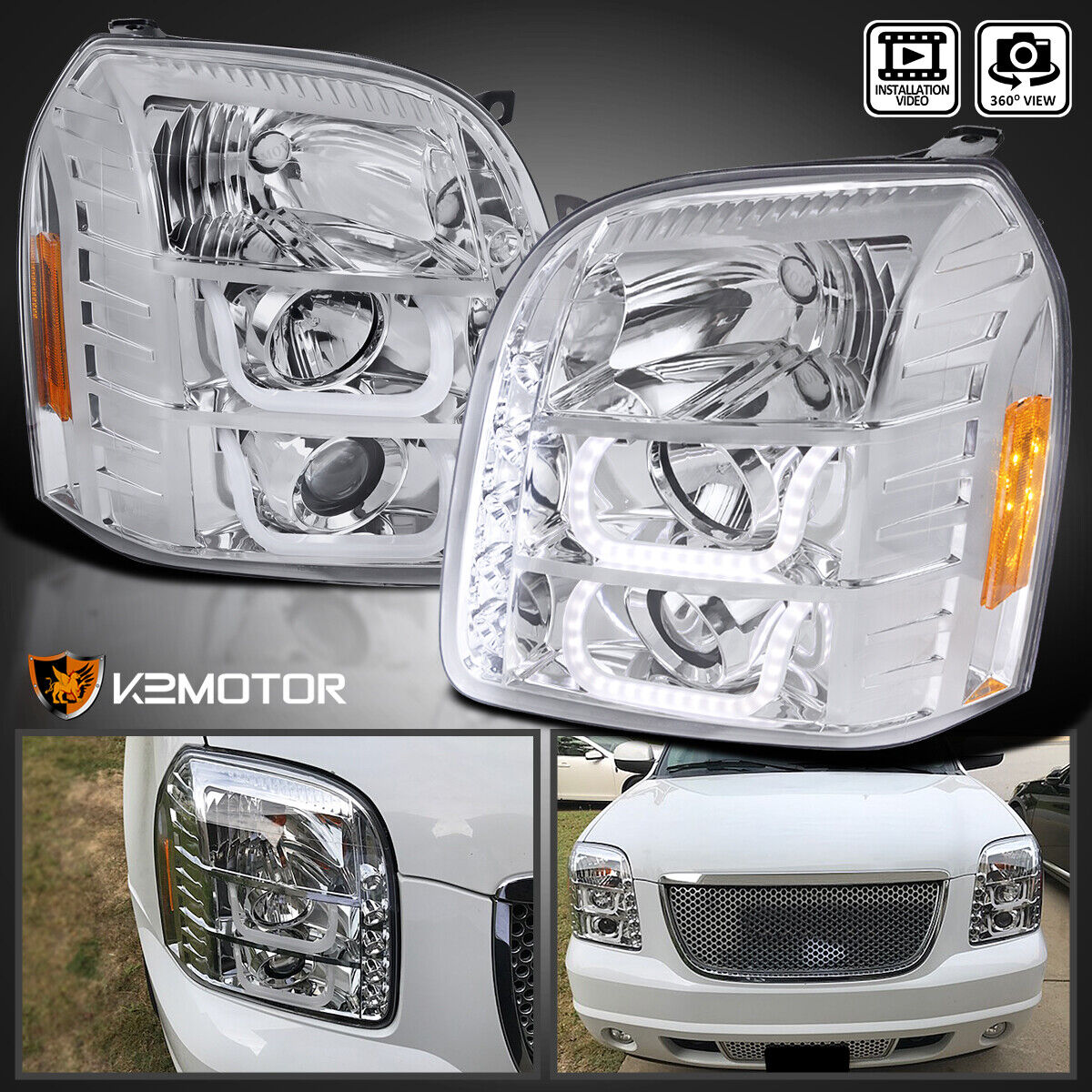 Fits 2007-2014 GMC Yukon XL 1500 LED Strip Projector Headlights Lamps L+R 07-14
