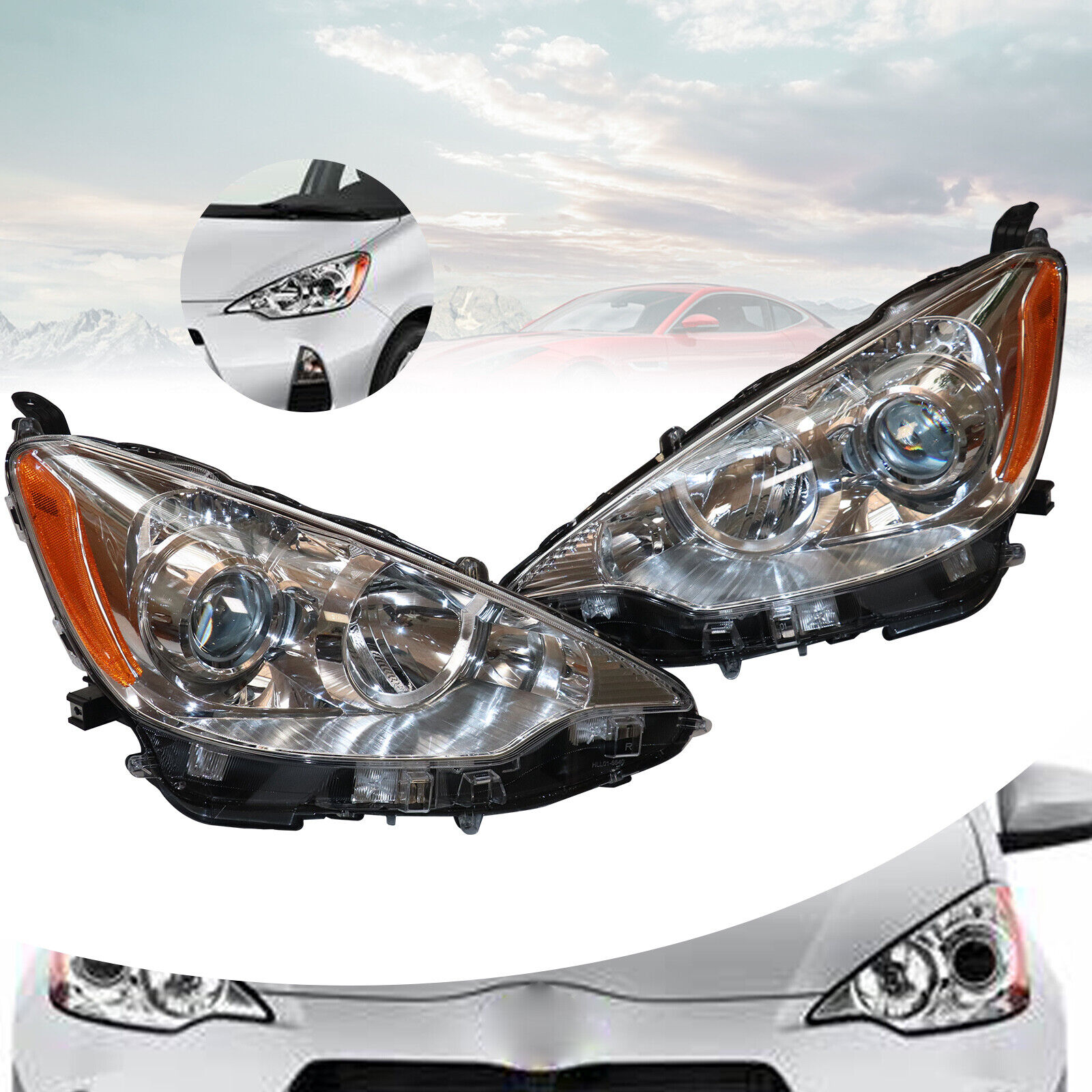 Pair Set Headlights Headlamps Head Lights Lamps For Toyota Prius C 2012-2014 