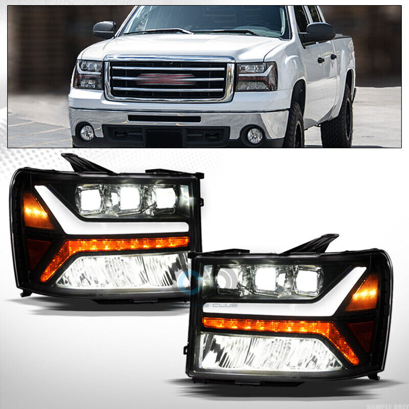 Fits 07-14 GMC Sierra Blk Full LED Sequential Tube Bar Tri Projector Head Lights