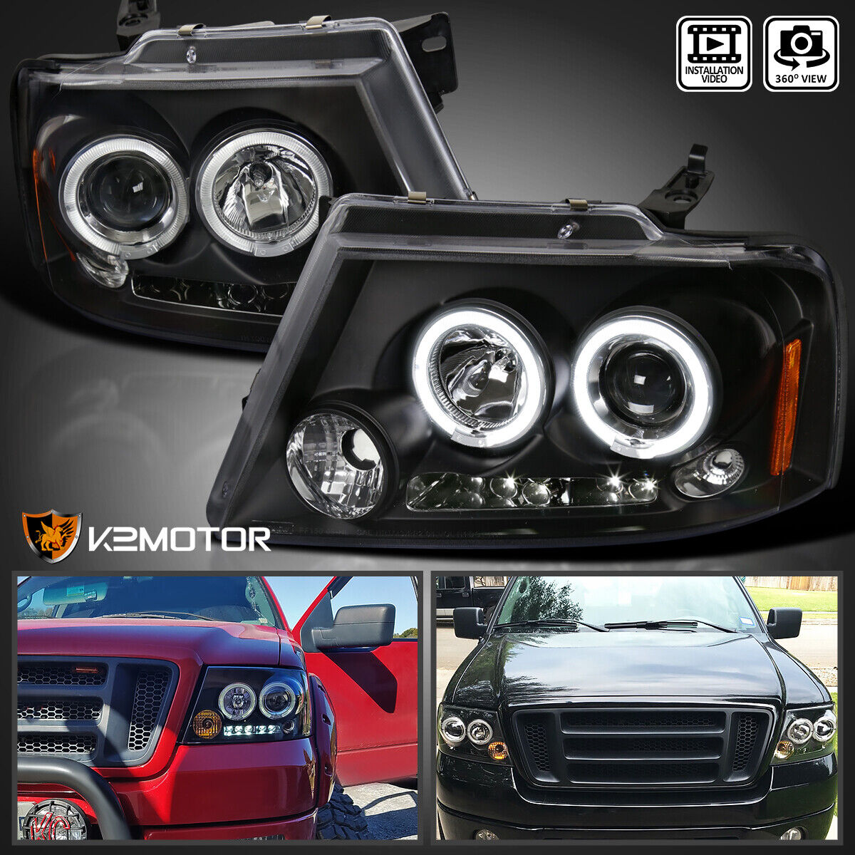 Black Fits 2004-2008 Ford F150 LED Halo Projector Headlights Lamps LH+RH 04-08