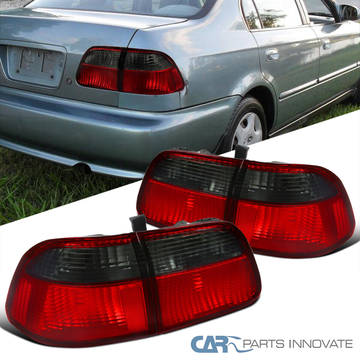 Red/Smoke Fits 1999-2000 Honda Civic 4Dr Sedan Tail Lights Lamps Left+Right Pair