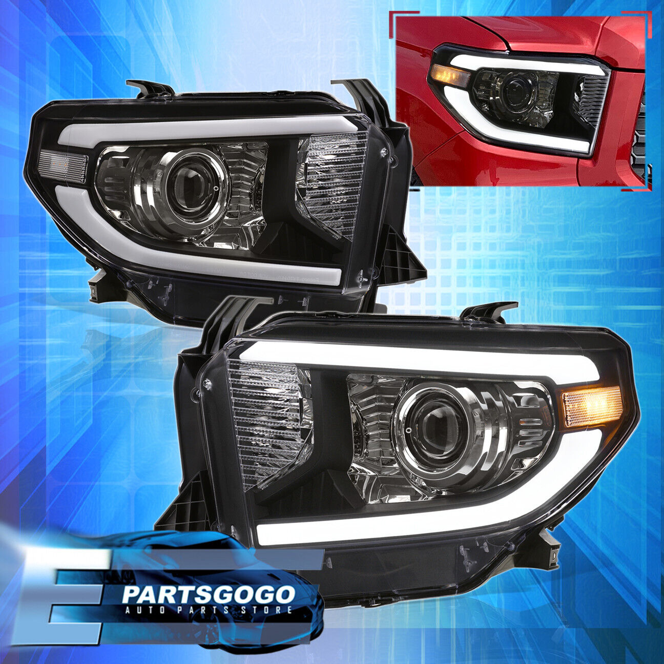 For 14-21 Toyota Tundra Black Projector LED DRL Tube Headlights Lamps Left+Right
