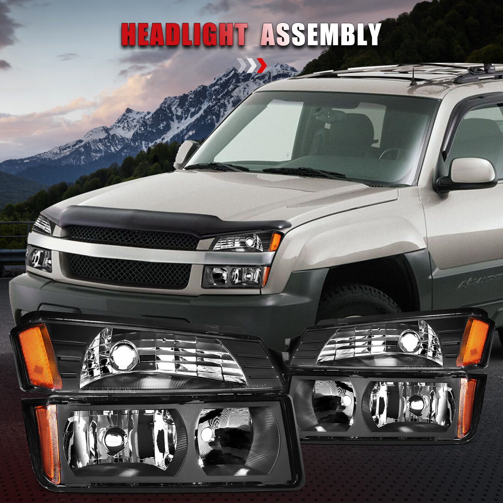 For Chevy Avalanche 02-06 Headlights Assembly + Bumper Light Black Housing Pair