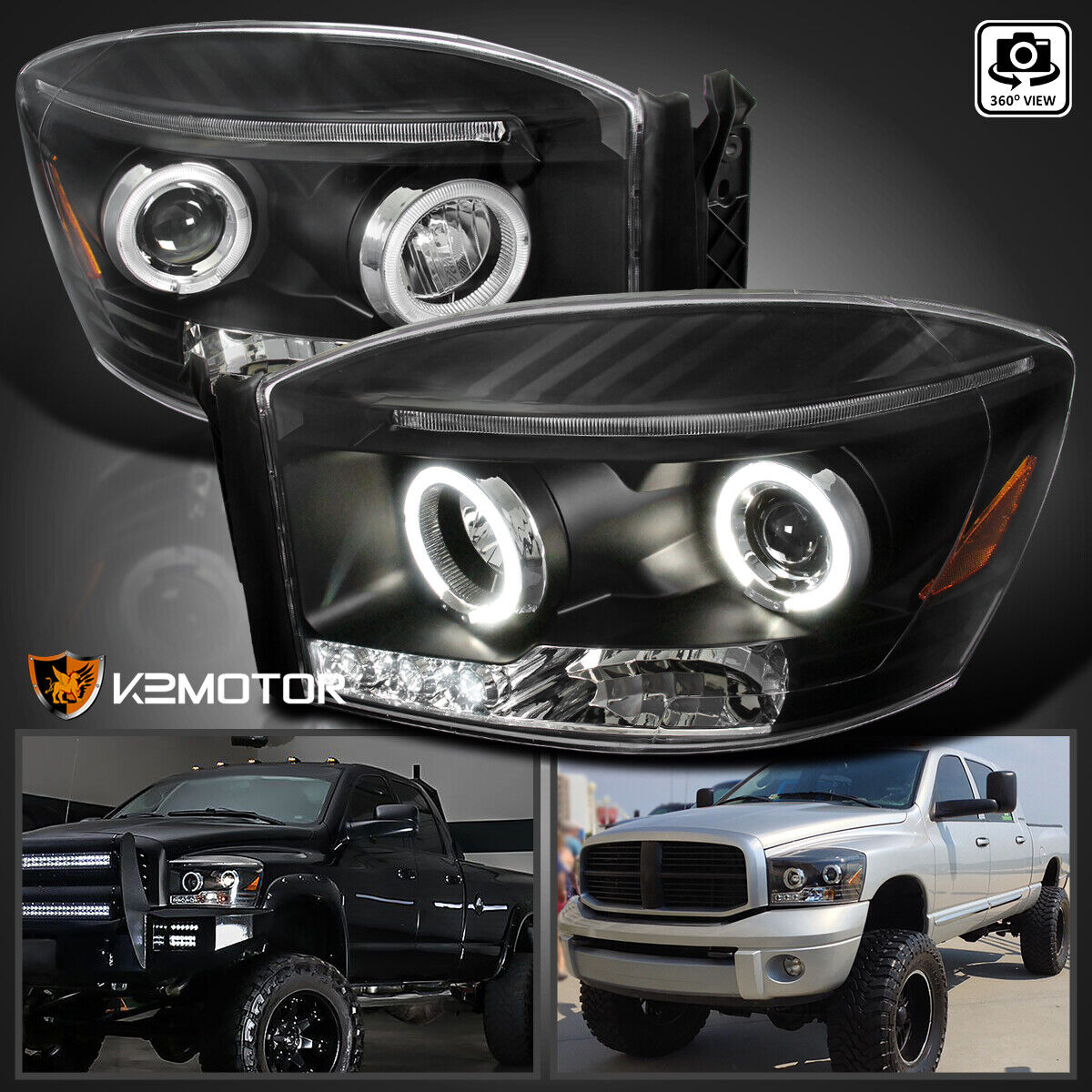 Black Fits 2006-2008 Dodge Ram 1500 2500 3500 LED Halo Projector Headlights L+R