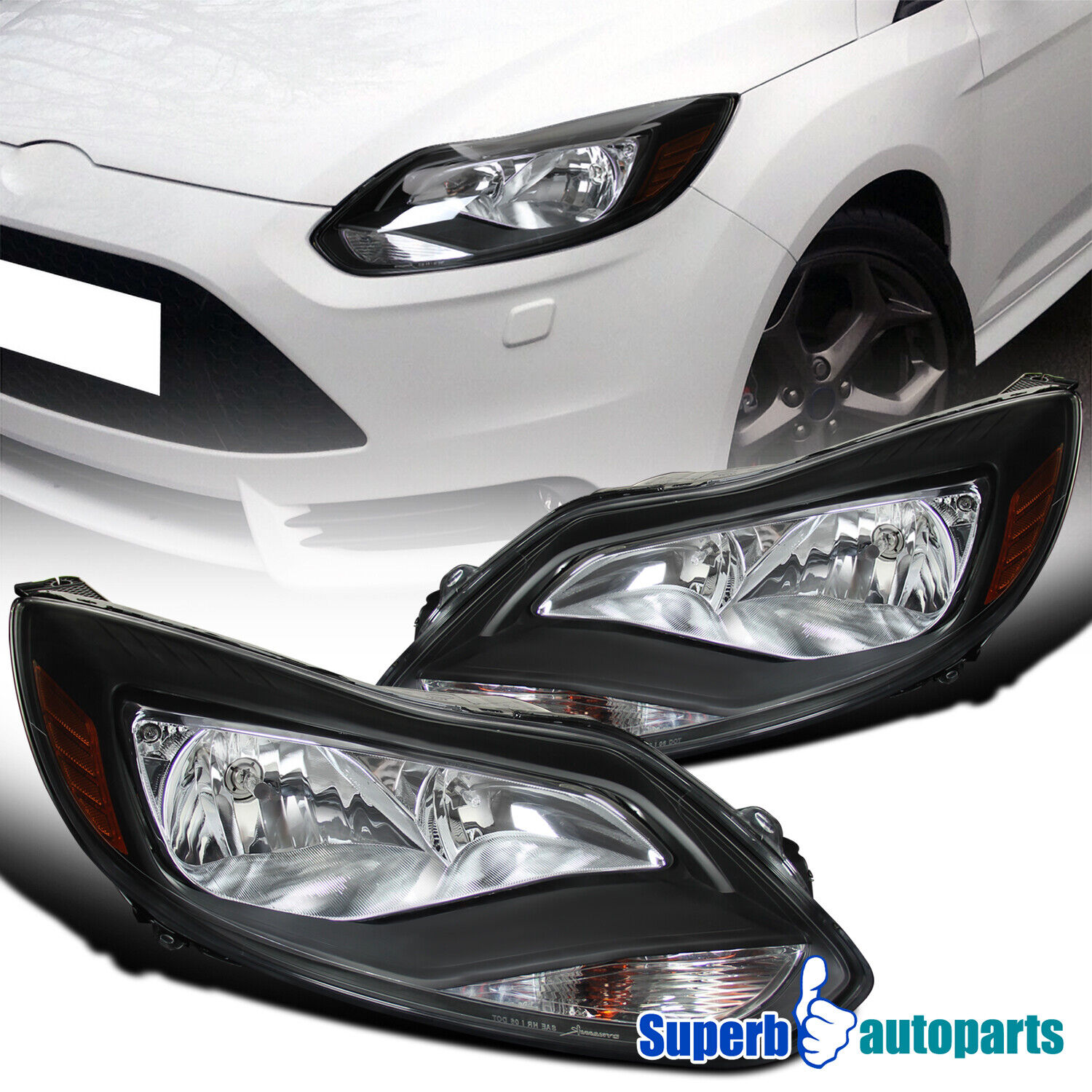 Fits 2012-2014 Ford Focus Headlights Turn Signal Lamps Black Left+Right 12-14