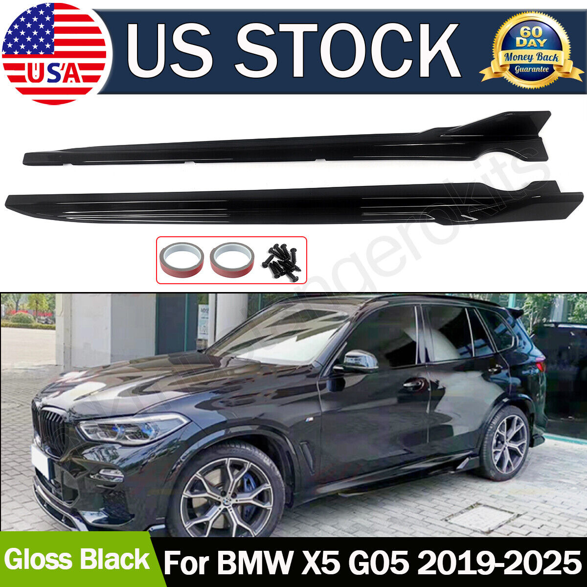 2x Fits BMW G05 X5 M Sport 2019-2025 Gloss Black Body Side Skirts Lip Extensions
