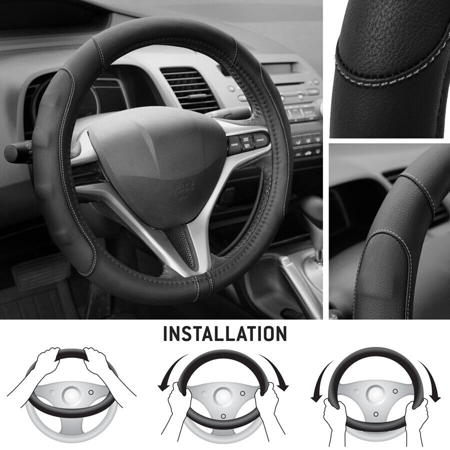 Synthetic Leather Steering Wheel Cover Black w/ Gray Stitching Sport Grip Small