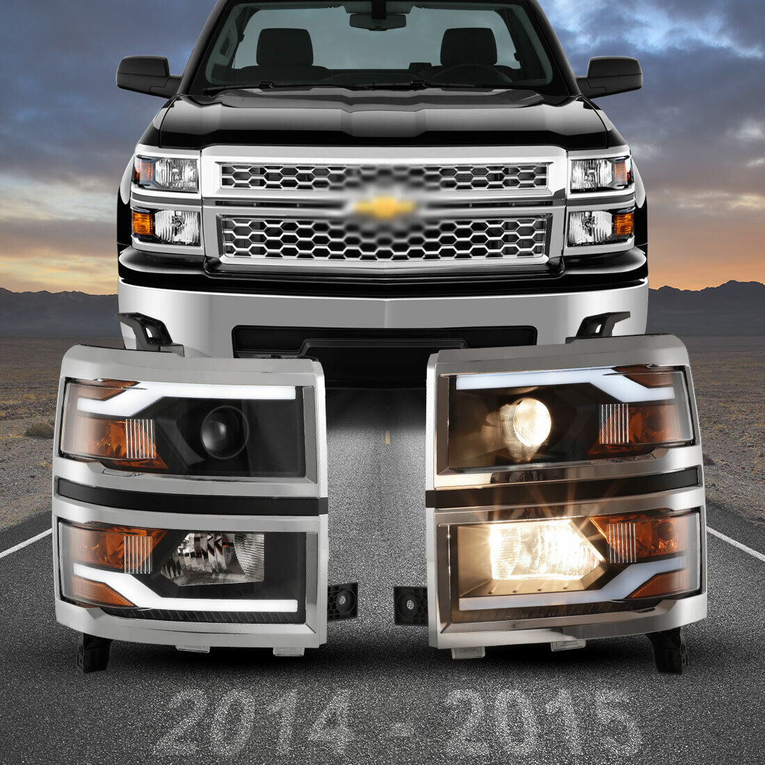 Chrome Headlights For 2014-2015 Chevy Silverado LED DRL Light Bar Headlamps PAIR