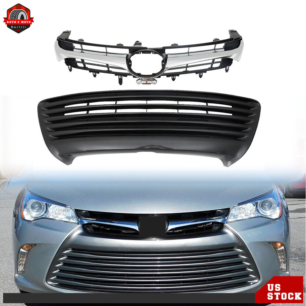 Chrome Front Upper+Lower Grille Gloss Gray For Toyota Camry LE XLE 2015 16 2017
