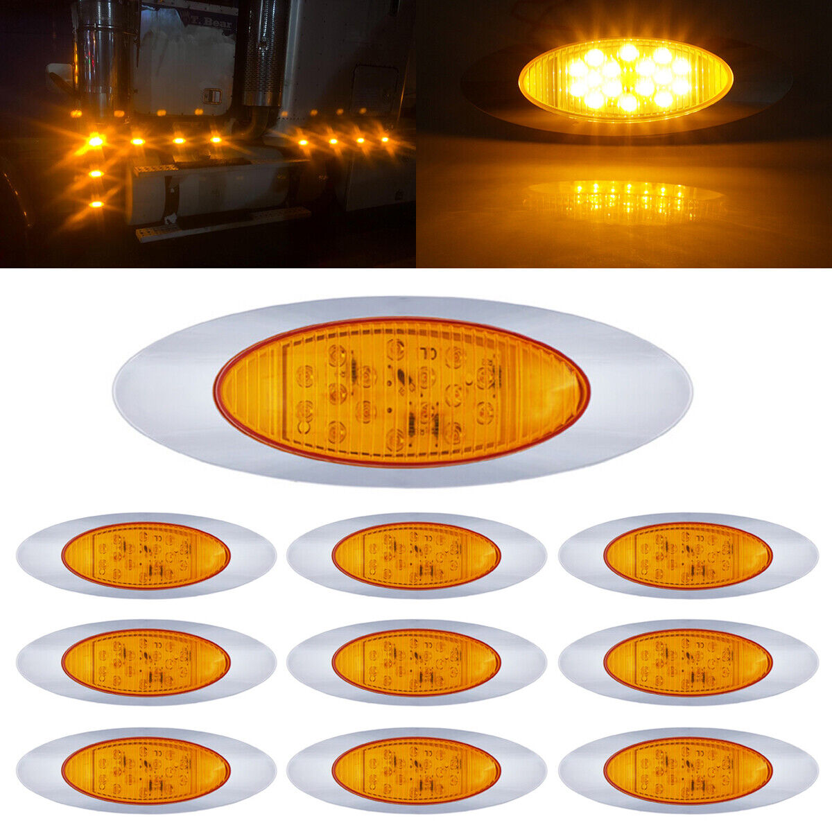 10x Amber Thin Side Marker Lights Clearance 16 LED Chrome For Freightliner 12V