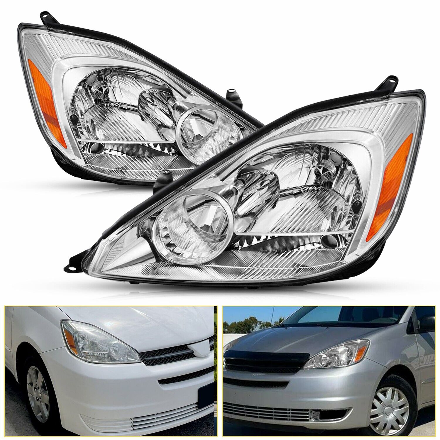For 2004 2005 Toyota Sienna Headlights Assemblies Chrome Left & Right Side