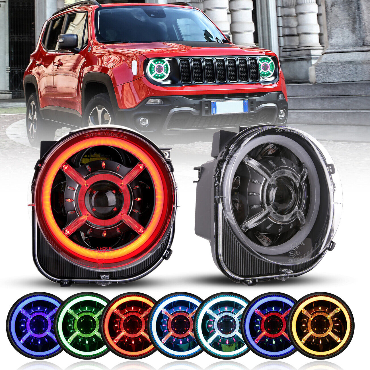 For 2015-2021 Jeep Renegade 9\'\' Inch LED headlights RGB Color with Angel Eyes