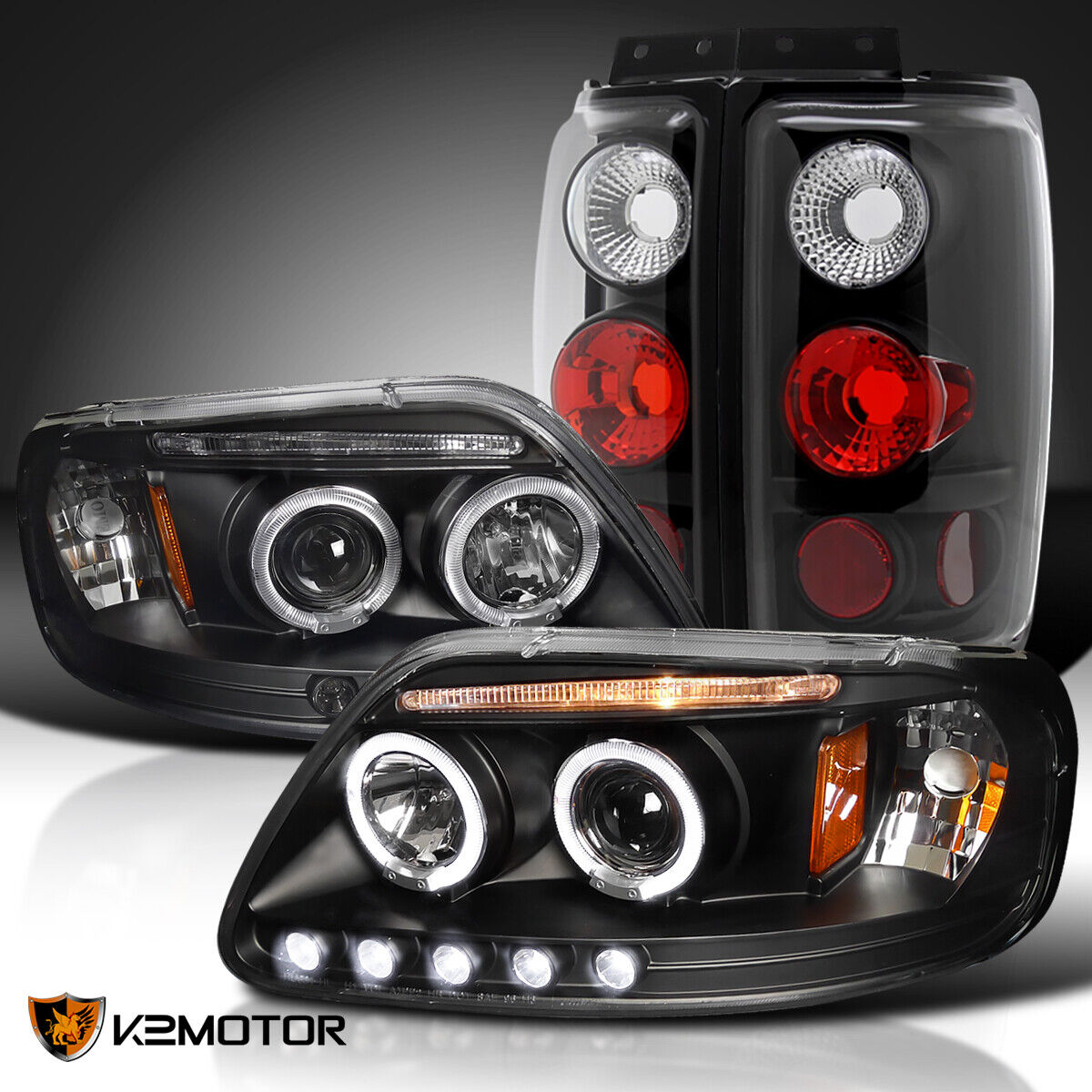Fits 1997-2002 Ford Expedition Black Halo Projector Headlights+Tail Brake Lamps