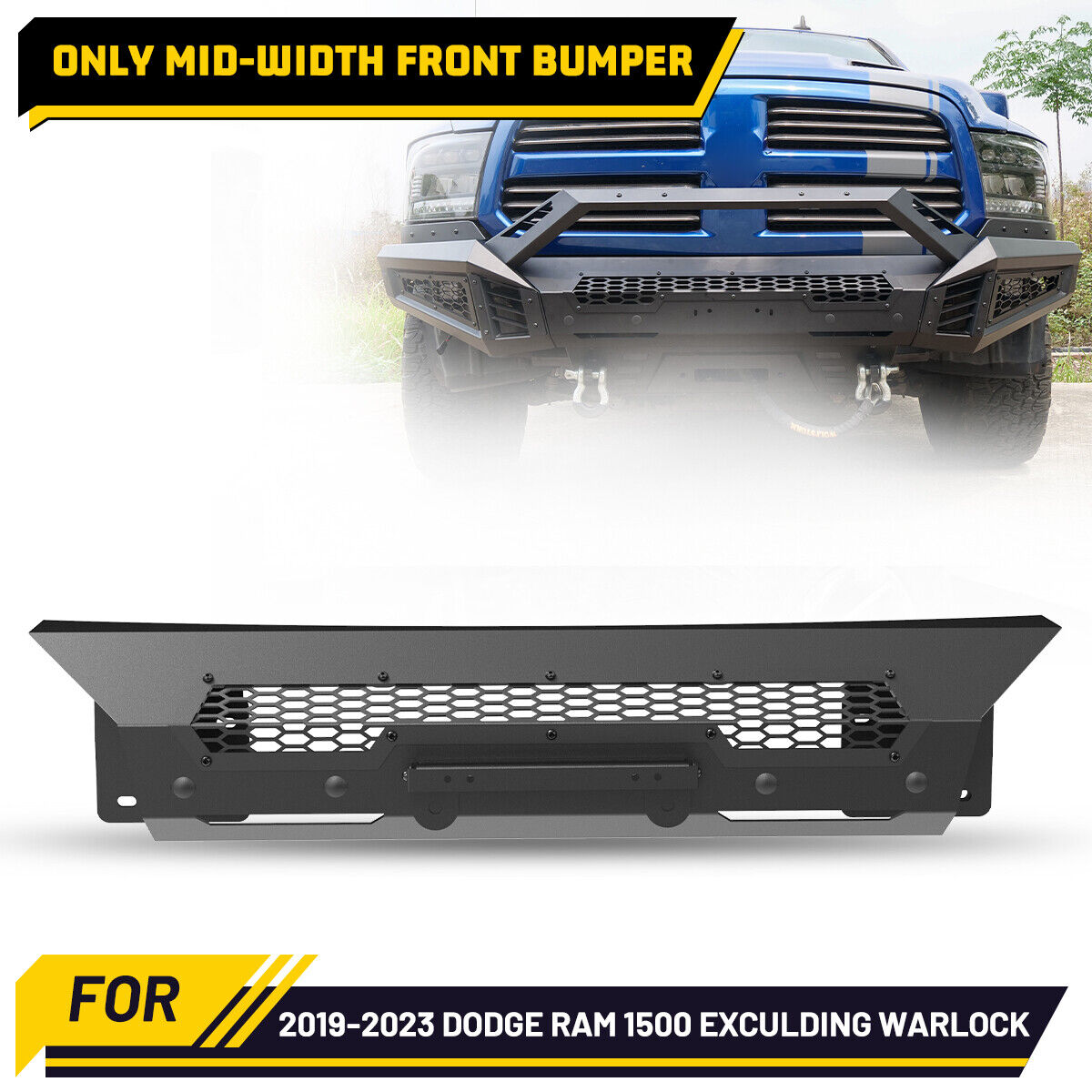 Mid-Width/Side Wings/Bull Bar/Skid Plate For 2013-18 Dodge Ram 1500 Front Bumper