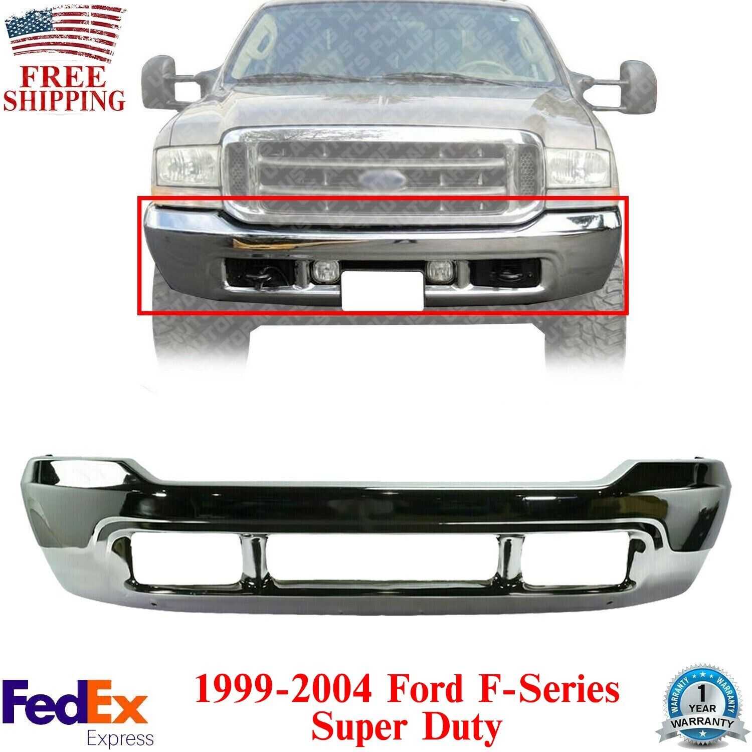 Front Bumper Chrome w/o Lower Valance Holes For 1999-04 Ford F-Series Super Duty