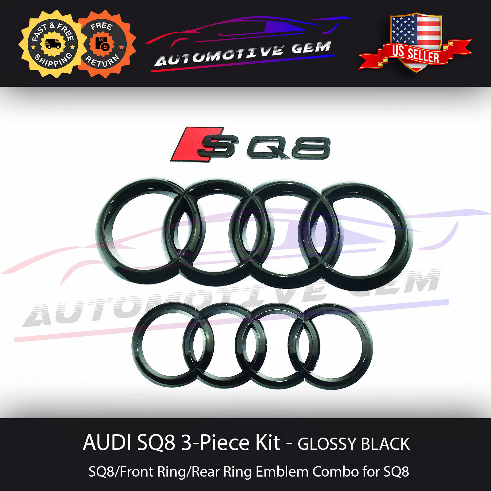 AUDI SQ8 Emblem GLOSS BLACK Front Grill & Trunk Ring Rear Logo Badge S Line Kit