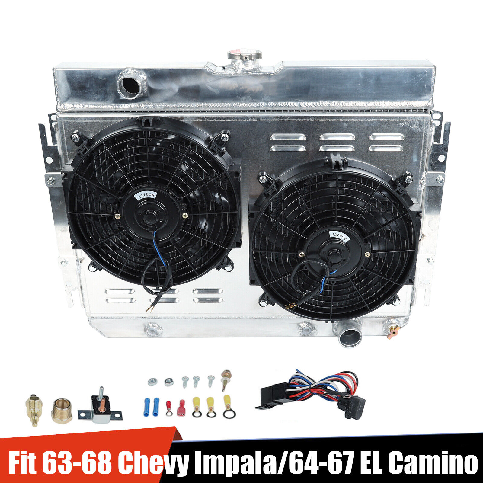 Aluminum Radiator 3 Row +Shroud Fan+ Relay Kit For Chevy Impala/ EL Camino 63-68
