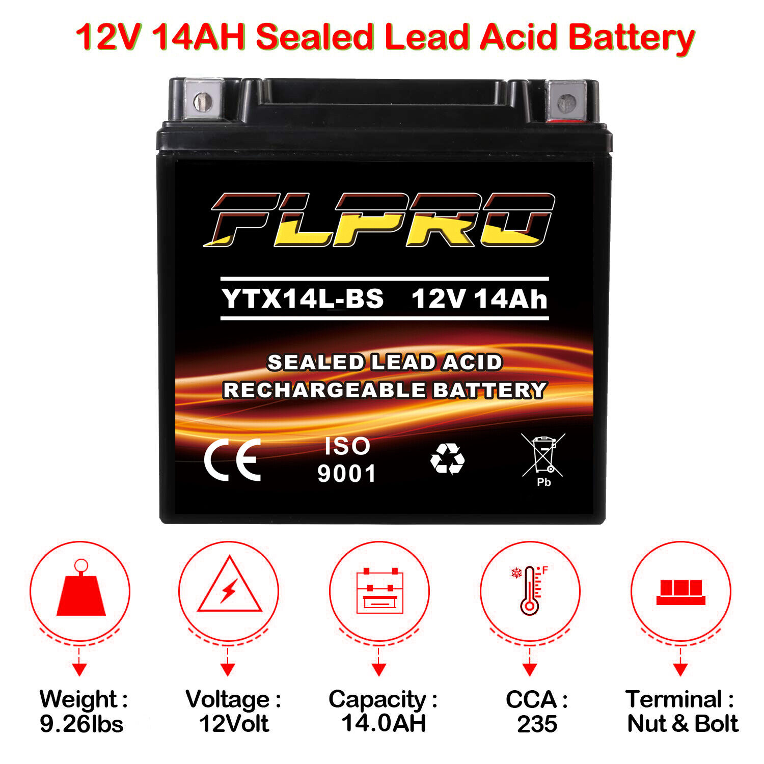 YTX14L-BS 12V 14Ah Battery for STX14L-BS, ETX14L, GTX14L-BS, WCP14L