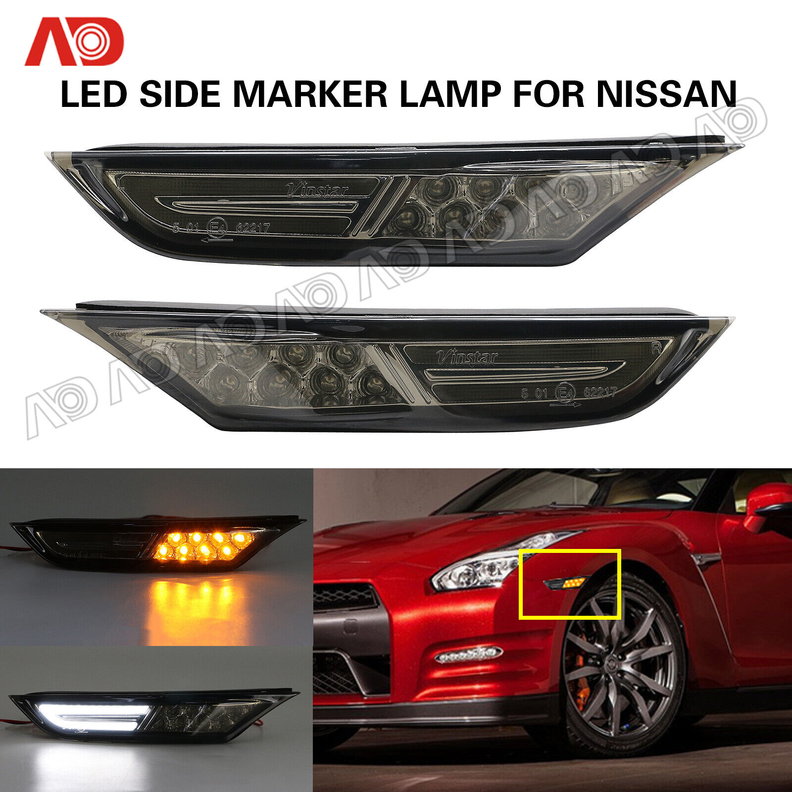 2X White Amber LED Side Marker Light Turn Signal Lamp For 2007-18 Nissan GTR R35
