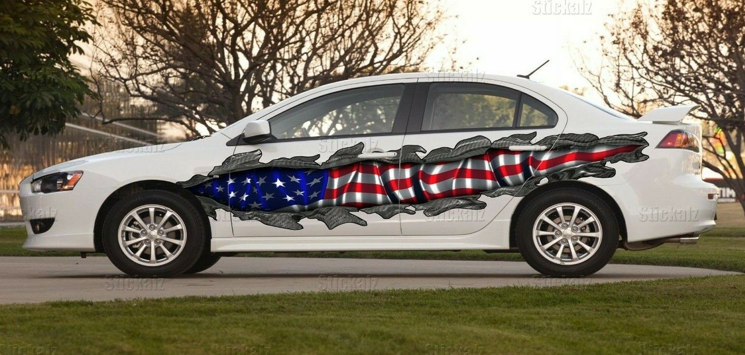 Full Color Car Side Graphics, USA Flag Car Vinyl, USA Flag Car Side Graphics 