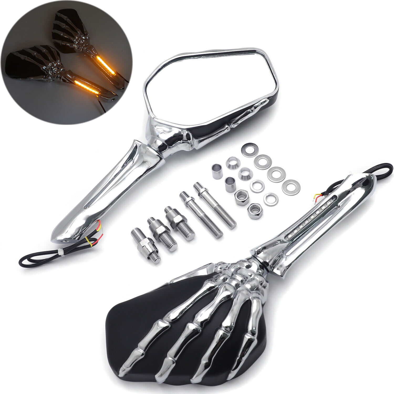 Chrome Claws LED Skull Rearview Mirrors w/8mm 10mm Bolts For Harley Street Glide