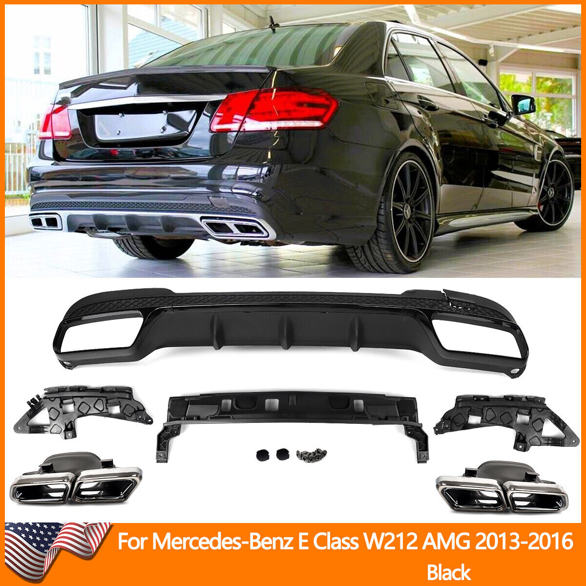 For  2013-2016 Mercedes E Class W212 E63 AMG Look Rear Diffuser W/Exhaust Tips