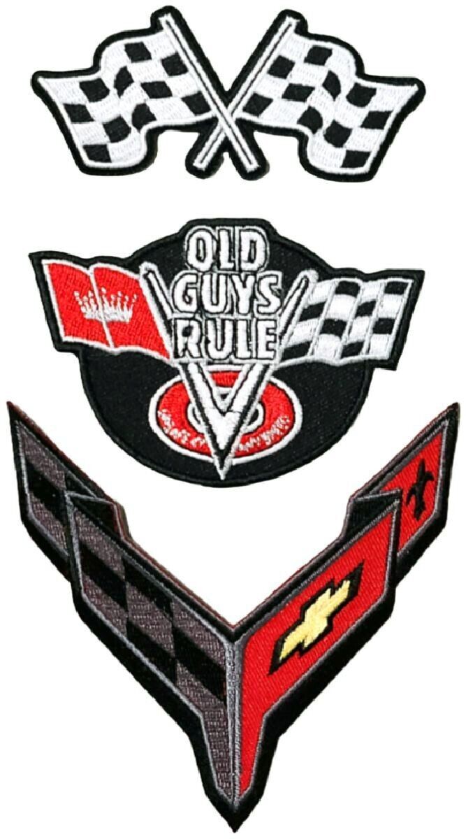 Corvette C8 Racing Checkered Flag Old Guys Rule PATCH -3PC SET IRON ON OR SEW