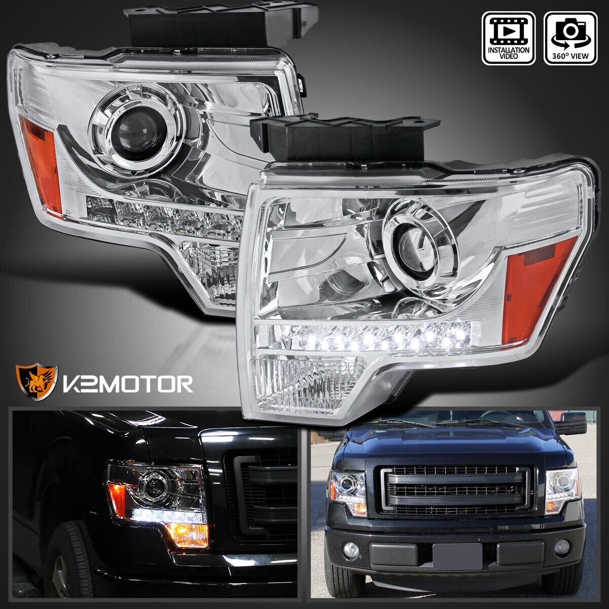 Clear Fits 2009-2014 Ford F150 LED Strip Projector Headlights Lamps Left+Right