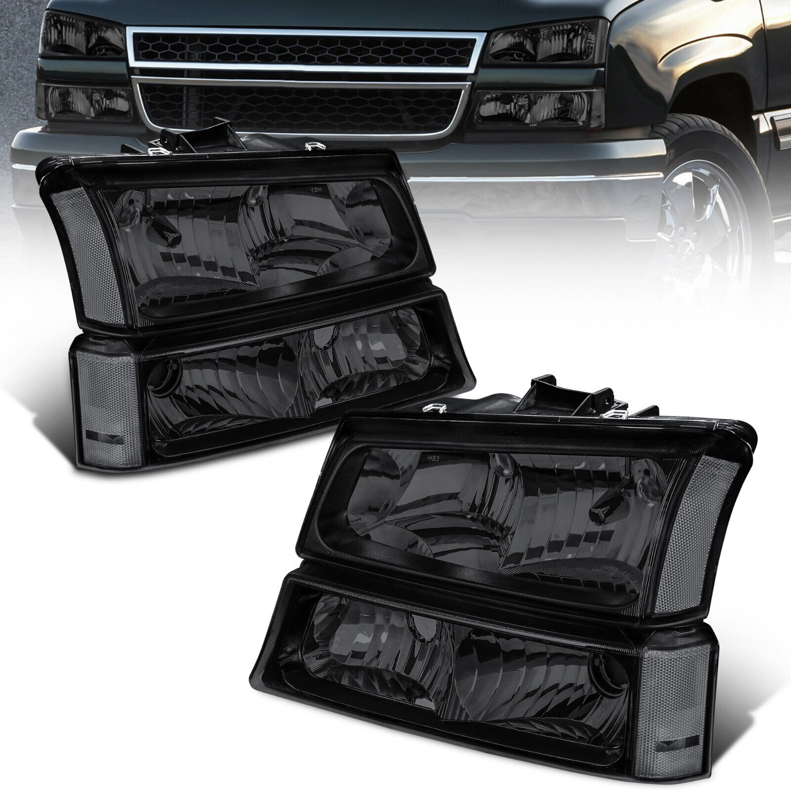 2X Smoke Headlights Assembly For 2003-2006 Chevy Silverado 1500 HD 2500 HD 3500