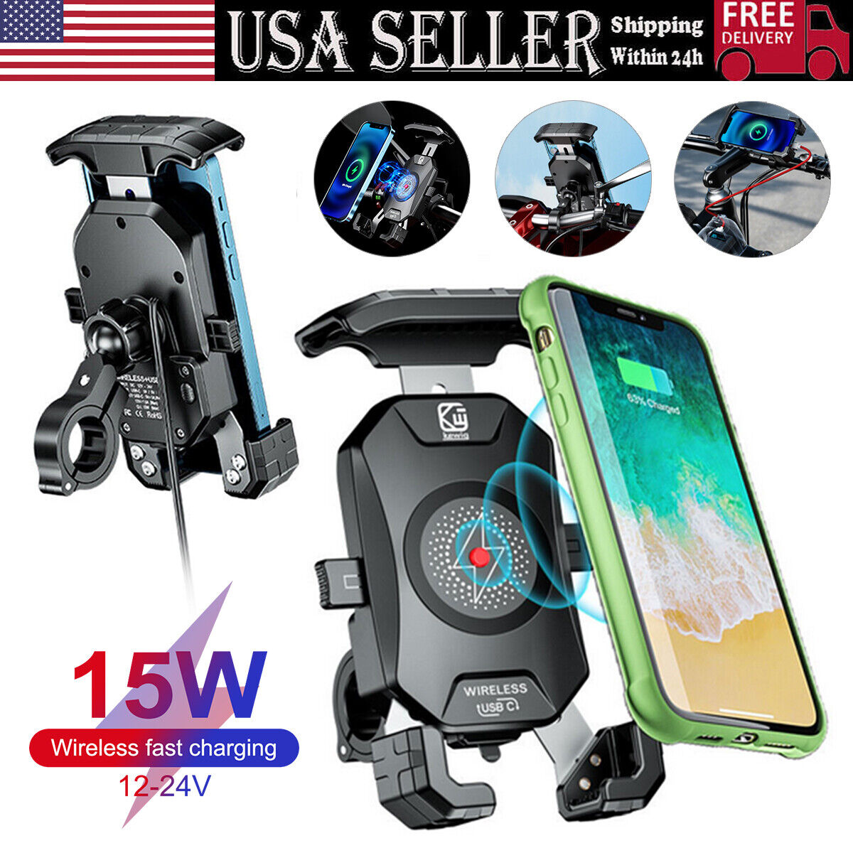 Motorcycle Cell Phone Mount Holder Wireless USB Charger 15W Fast Charging NEW