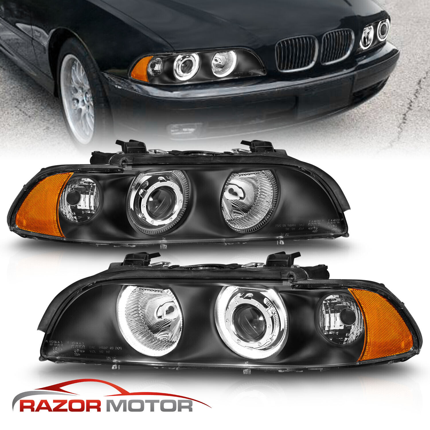 1997-2003 Black Dual Halo Projector Headlights For BMW E39 5-Series 528i/540i
