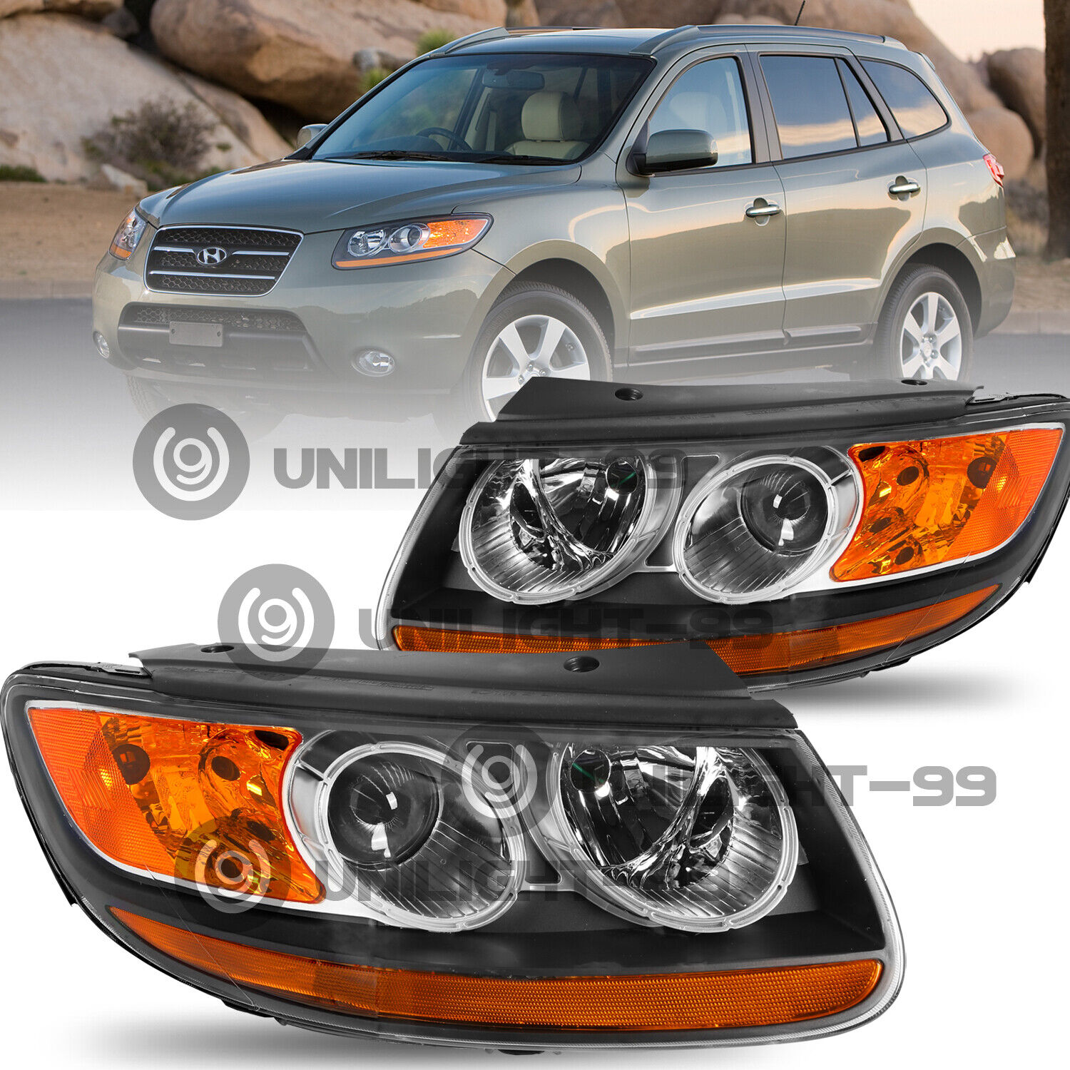 For 2007-2012 Hyundai Santa Fe Halogen 6pin Headlights Black OEM Headlamps L+R