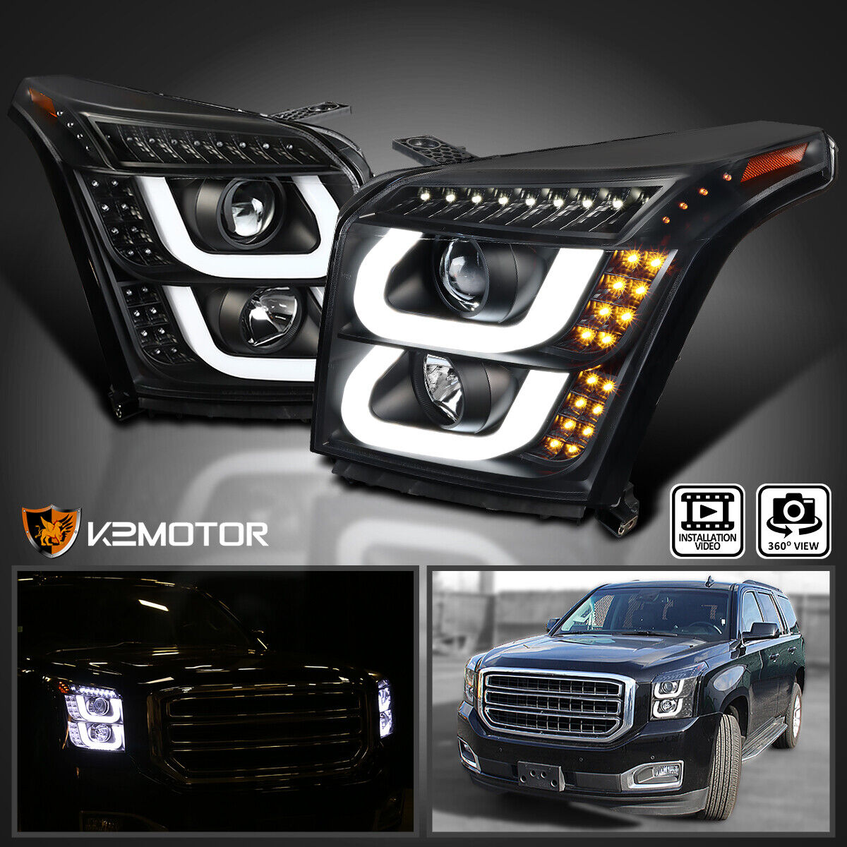 Black Fits 2015-2018 GMC Yukon XL LED Strip Tube Projector Headlights Left+Right