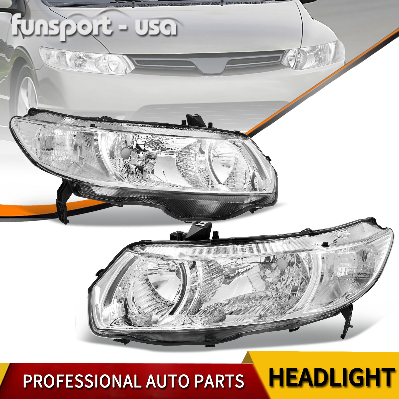 Headlights Assembly Chrome Housing For 2006-2011 Honda Civic Coupe 2-Door Pair