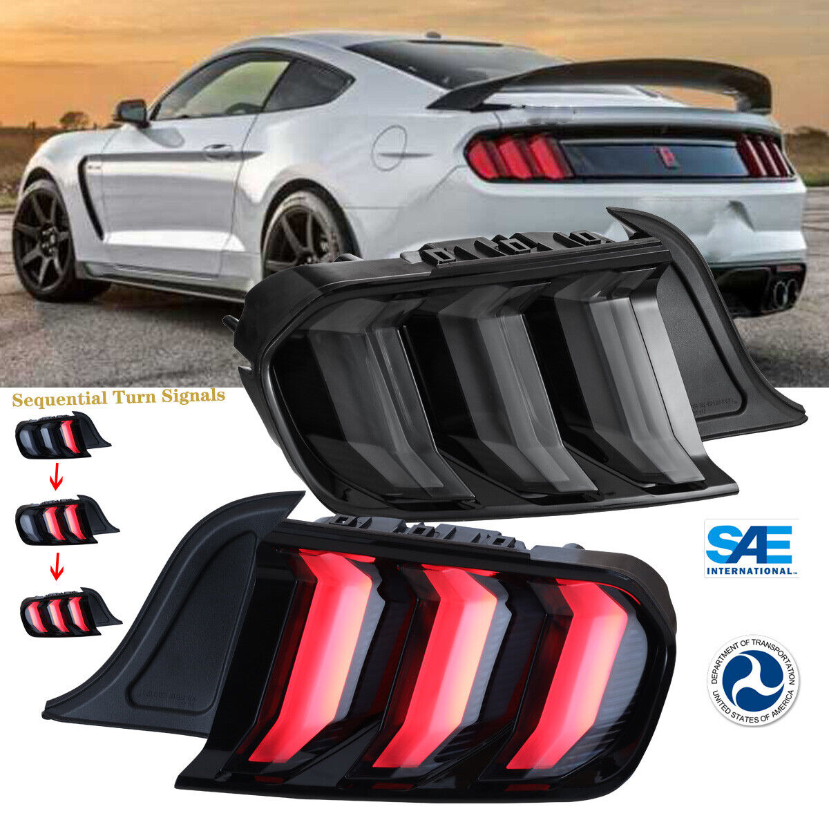 Fit 15-23 Ford Mustang Tail Lights LED Sequential Turn Signal Smoke Euro Style