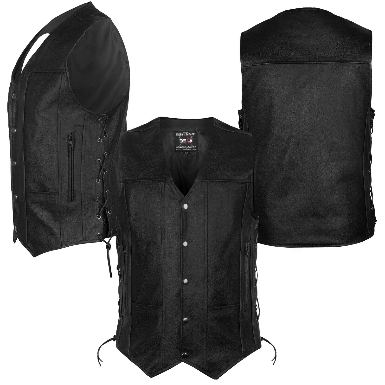 DEFY New Men's Black Genuine Leather Motorcycle Biker Premium Quality Vest