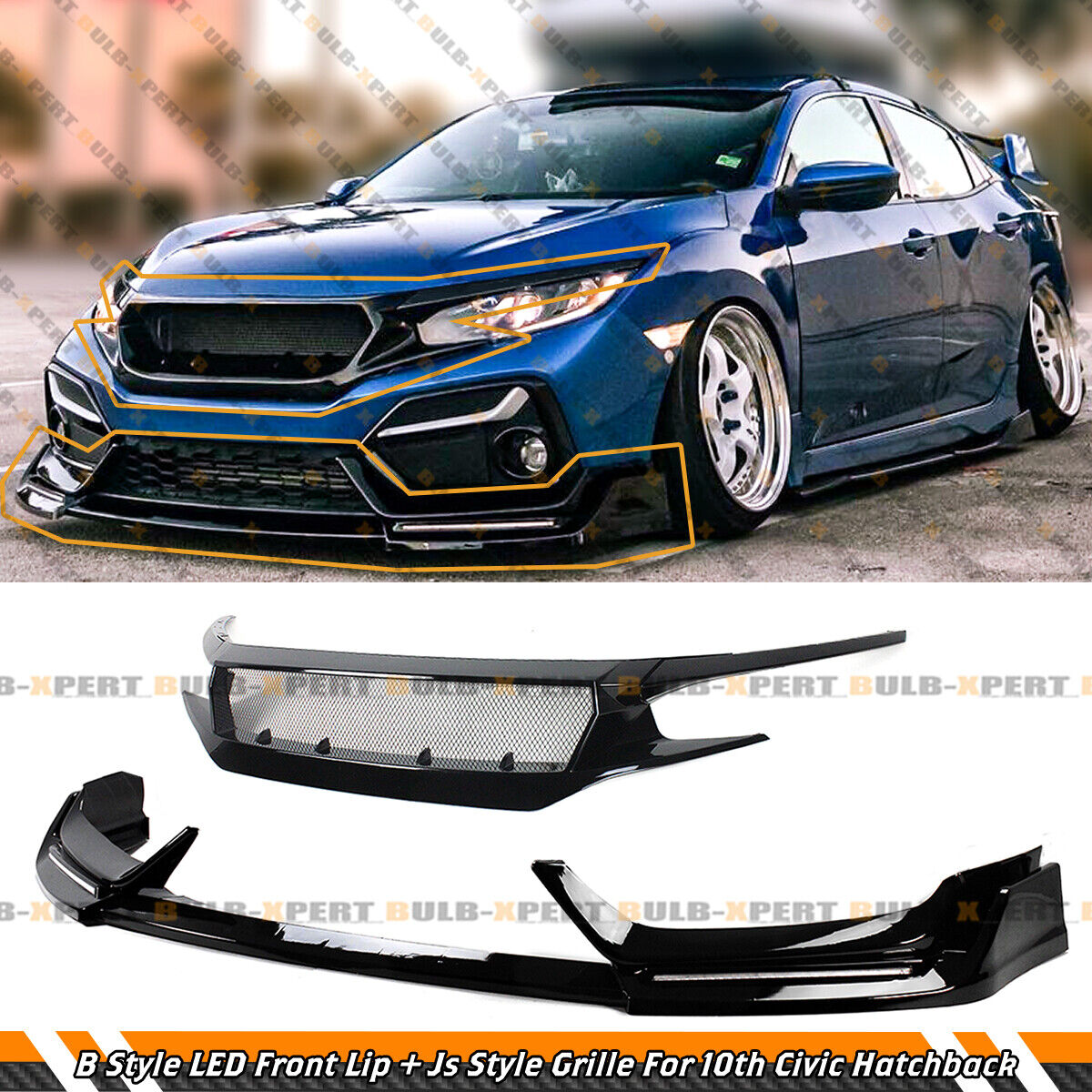 FOR 16-21 HONDA CIVIC BLZ STYLE LED FRONT BUMPER LIP + J STYLE PERFORMANCE GRILL