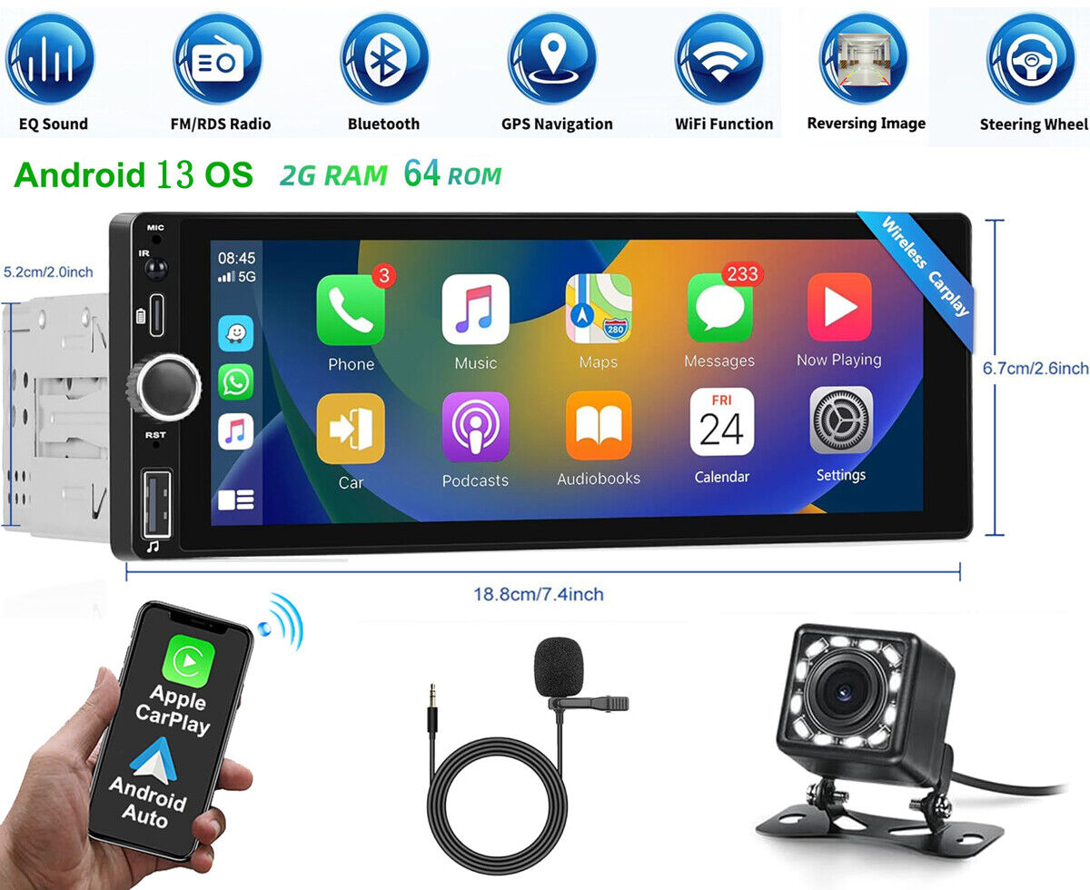 Bluetooth Single 1 DIN Car FM Radio MP3 Player Car Stereo Audio GPS WIFI Carplay