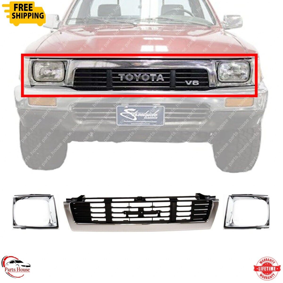 For 1989-1991 Toyota Pickup Front Grille With Left Right Headlight Door Bezel