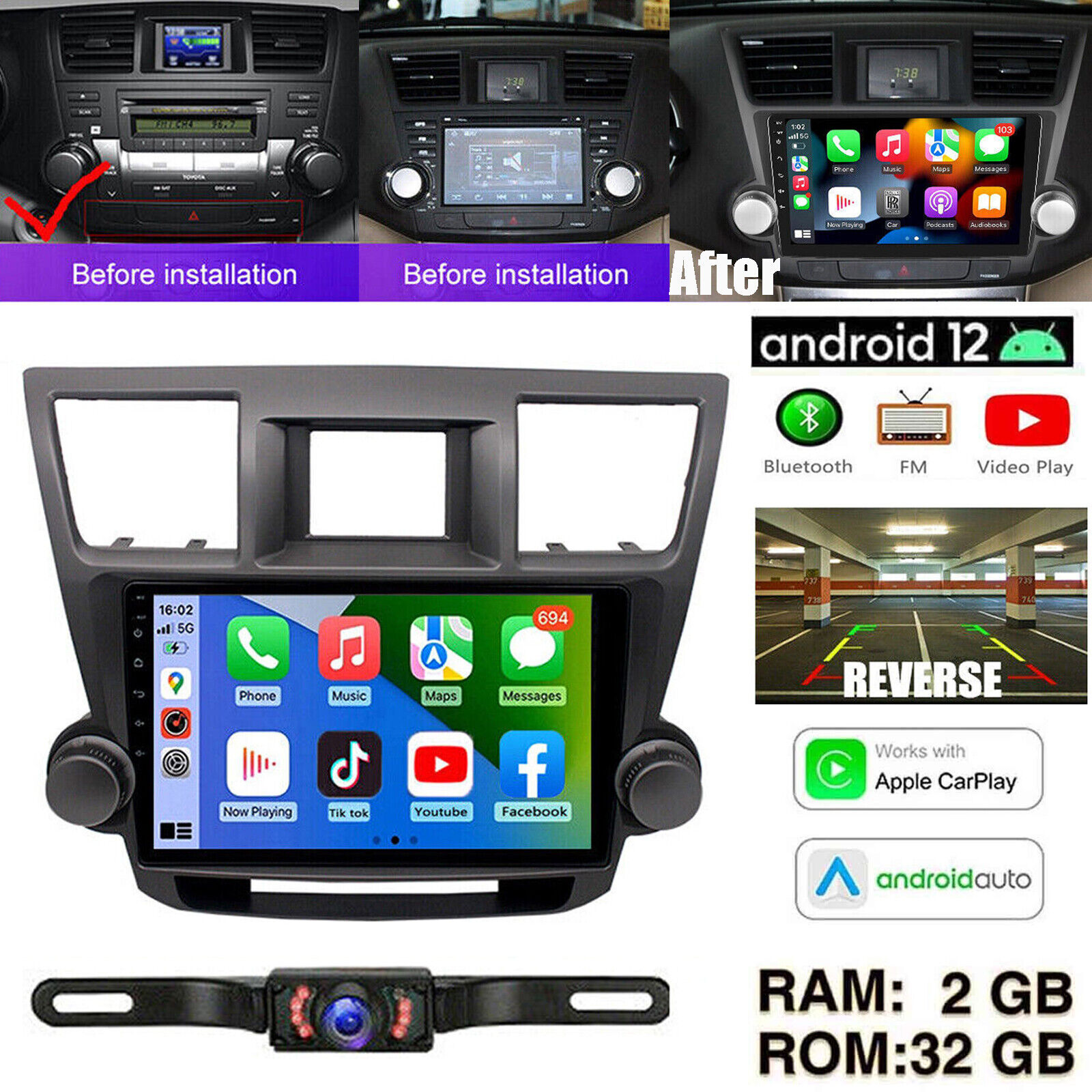 For 2008-2013 Toyota Highlander Apple Carplay Car Radio GPS Navi 32GB Android 12