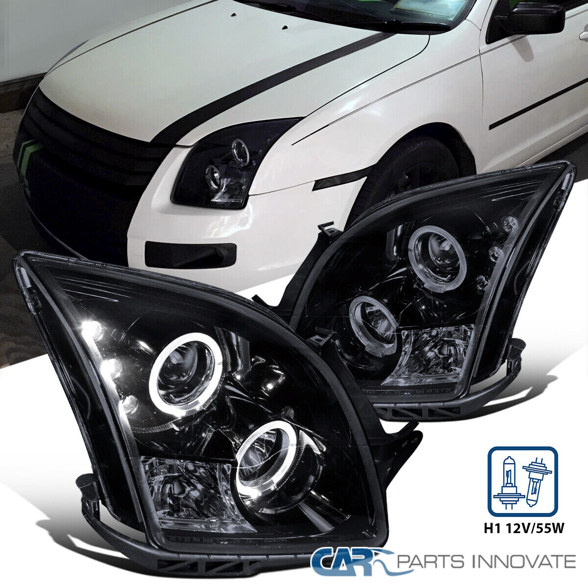 Fits 06-09 Ford Fusion Glossy Black Smoke LED Halo Projector Headlights Lamps