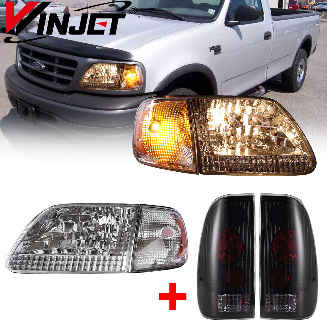 For 1997-2003 Ford F-150 Chrome Headlights Clear Lamps +Smoke Len Tail Lights