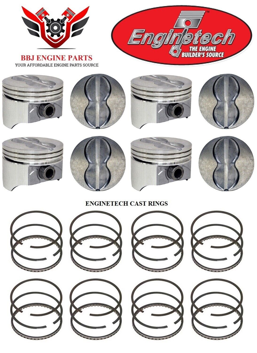 Chevy Chevrolet 350 Sbc V8 Enginetech Flat Top Pistons And Cast Piston Rings 