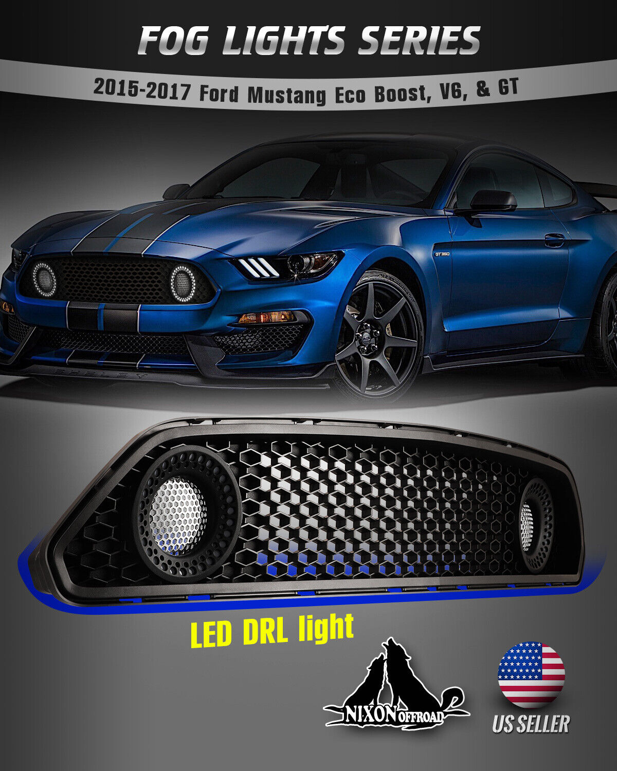For 15-17 Ford Mustang Honeycomb Mesh Front Bumper LED DRL Upper Grille HaloRing