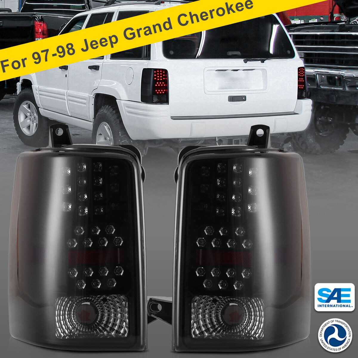  for 97-98 Jeep Grand Cherokee LED Tail Lights Black Smoke Lens Rear Lamps Pairs